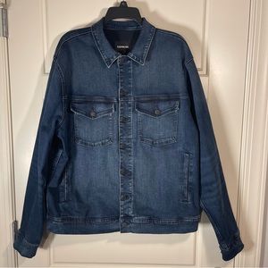 Express men’s denim jacket XL dark wash blue, lined, pockets, buttons, stretch
